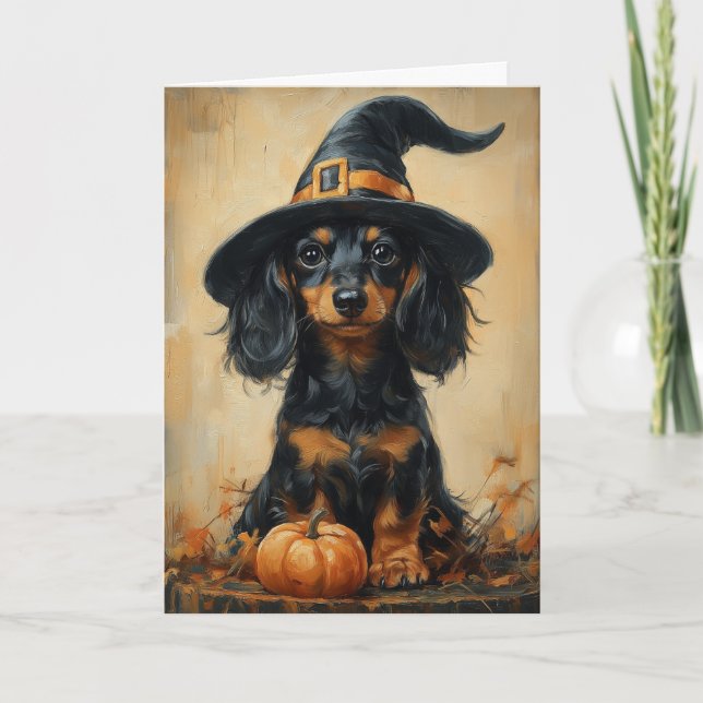 Cartão De Festividades Dachshund Puppy Witch (Frente)