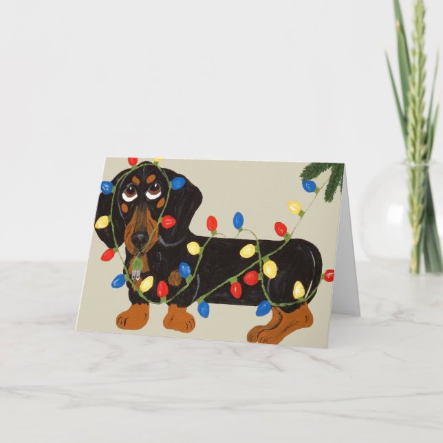 Cartão De Festividades Dachshund Tangido Em Luzes De Natal Blk/Tan (Frente)