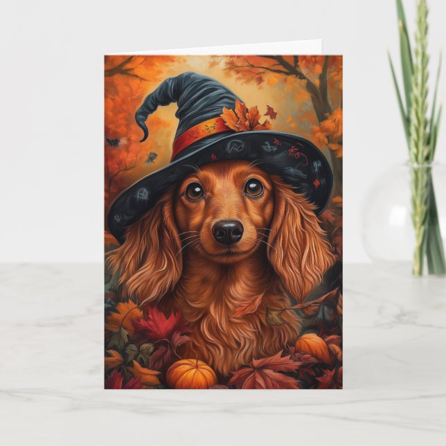 Cartão De Festividades Dachshund Witch Halloween (Frente)
