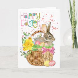 Cartão De Festividades Daffodil Bunny na Cesta de Ovos de Páscoa