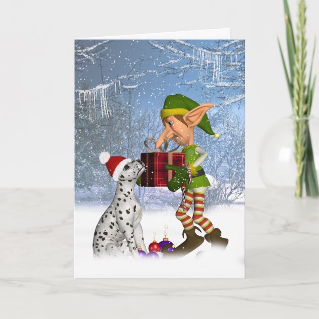 Cartão De Festividades dalmatian puppy with elf Holiday Greeting Card (Frente)