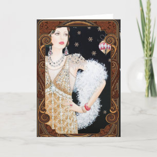 Cartão De Festividades Dama Art Déco Antiga na Janela