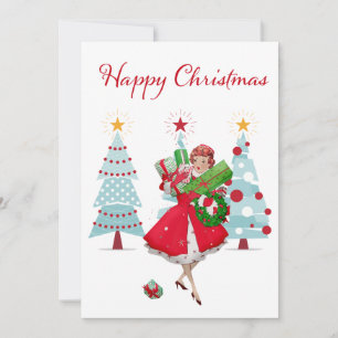 Cartão De Festividades Dama de Natal Vintage de 1950 com Presentes