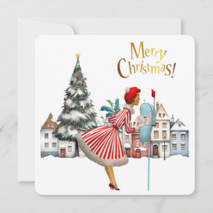 Cartão De Festividades Dama Vintage de 1950 Enviando Saudações de Natal
