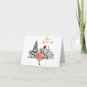 Cartão De Festividades Dama Vintage de 1950 Enviando Saudações de Natal