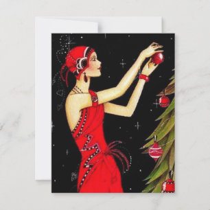 Cartão De Festividades Dama Vintage dos Anos 1920 Decorando a Árvore de N