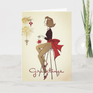 Cartão De Festividades Dama Vintage dos Anos 50 Decorando Árvore