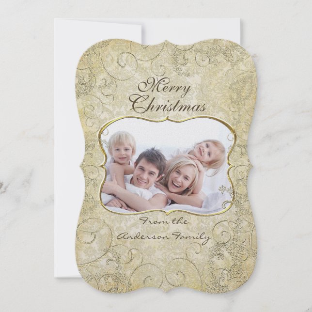 Cartão De Festividades Damask Felry Natal Dourado Quadro Sua Foto (Frente)