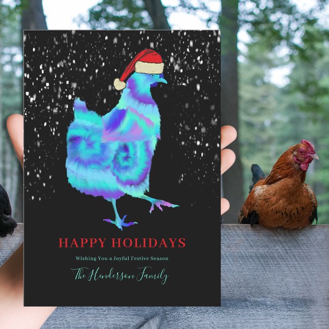 Cartão De Festividades dança de frango de Natal (Cute colorful Christmas hen wearing a santa hat personalized happy holidays greetings card)