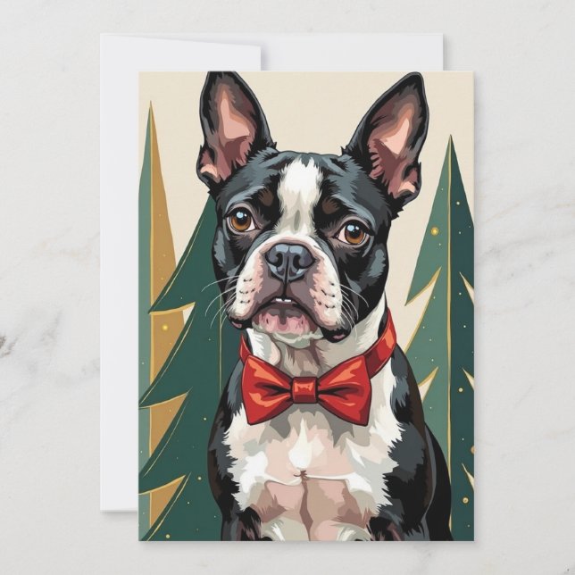 Cartão De Festividades Dapper Boston Terrier Tuxedo Modern Christmas Art (Frente)