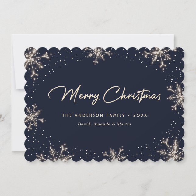 Cartão De Festividades Dark Blue Elegant Modern Snowflake Christmas Card (Frente)