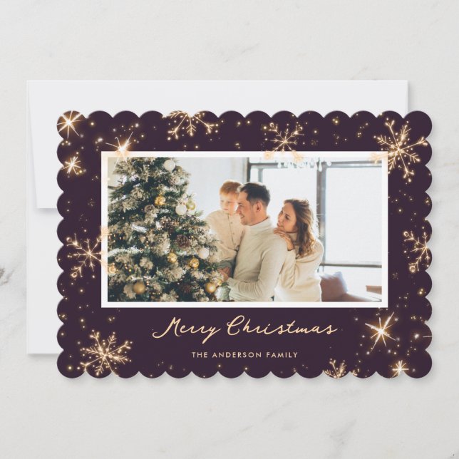 Cartão De Festividades Dark Purple Modern Snowflake Photo Christmas Card (Frente)