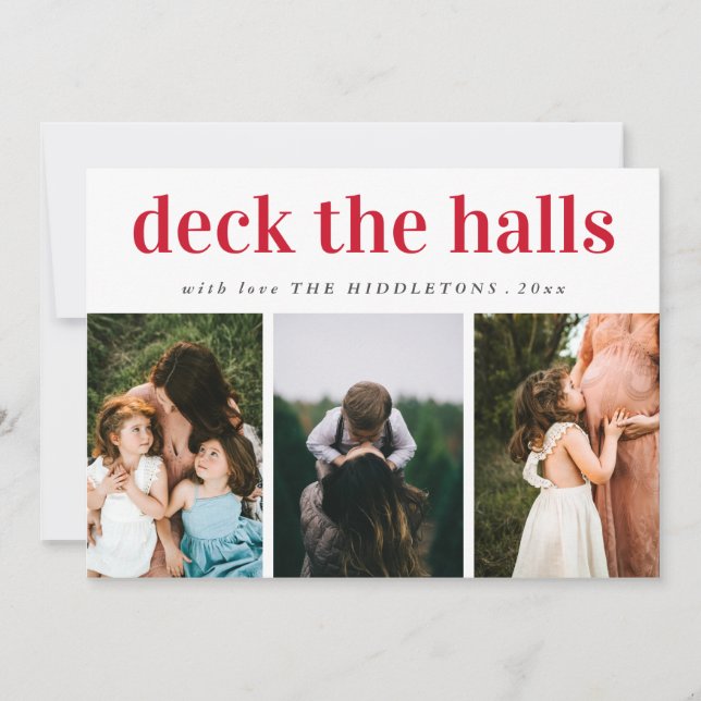 Cartão De Festividades Deck The Halls Red Script Three Photo Holiday (Frente)