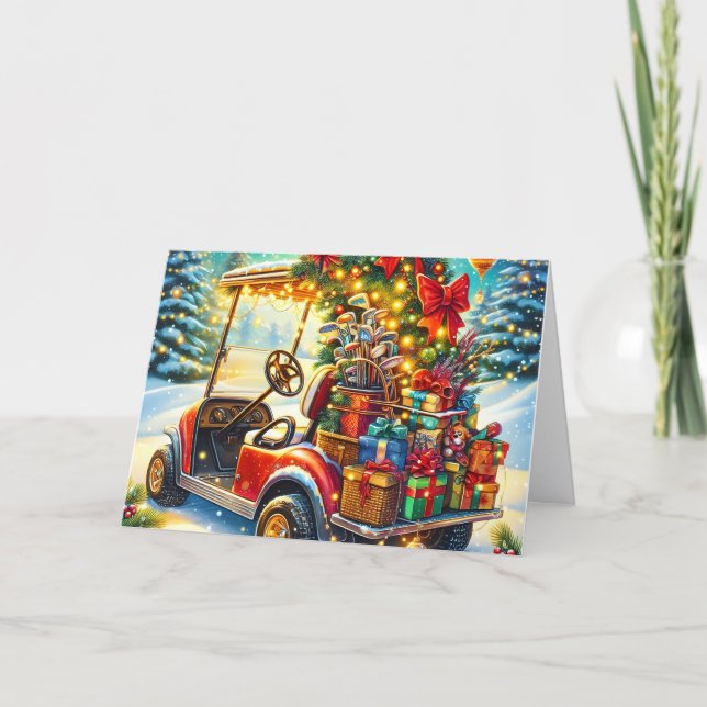 Cartão De Festividades Decked Out Christmas Golf Cart Holiday Card (Frente)