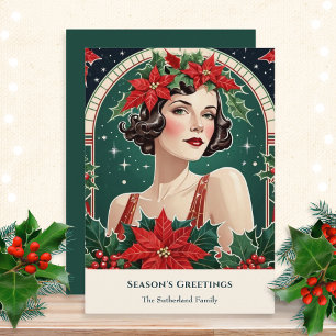 Cartão De Festividades Deco de Arte de Natal Inspirou Retrato Lady Retro
