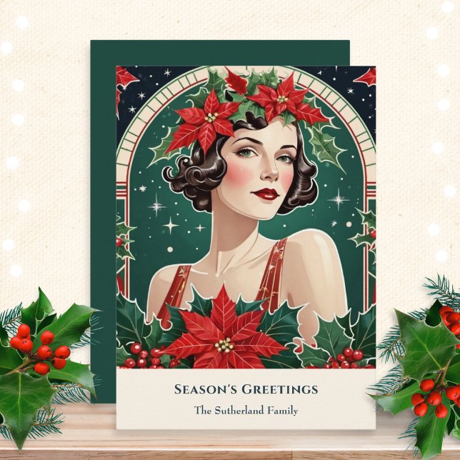 Cartão De Festividades Deco de Arte de Natal Inspirou Retrato Lady Retro (A stylish Christmas card with a picture of an elegant lady in an Art Deco inspired style)