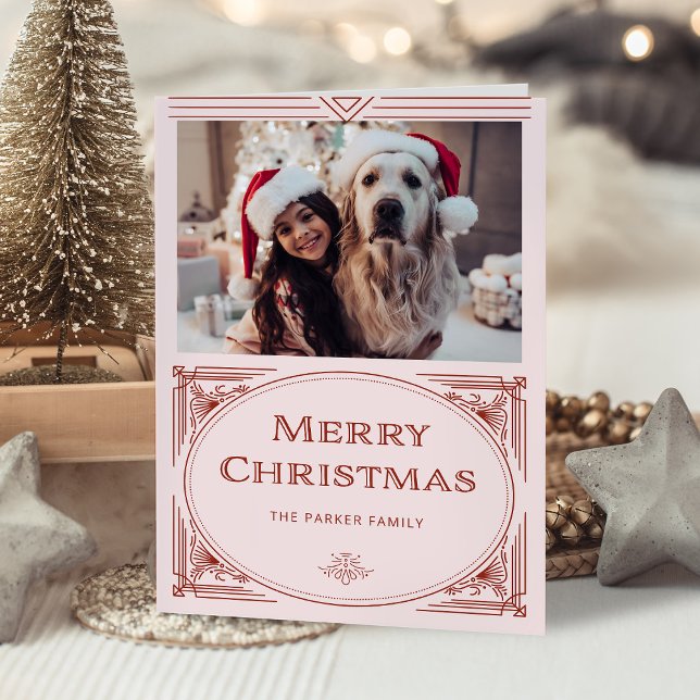 Cartão De Festividades Deco Moderno | Elegante rosa e vermelho com foto (A stylish blush pink and red Christmas card with elegant art deco accents)