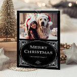 Cartão De Festividades Deco Moderno | Preto Elegante com Foto<br><div class="desc">Estes elegantes cartões com fotos de Natal multicamada apresentam um giro moderno no deco de arte clássico. Uma imagem geométrica branca e ornamentado decorada por ornamentação decoram um fundo preto escuro com a sua foto pessoal favorita para um espetáculo de Natal ao estilo da vintage de 1920. A tipografia clássica...</div>