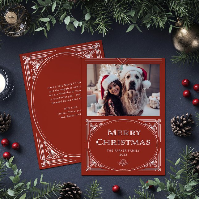 Cartão De Festividades Deco Moderno | Vermelho Elegante com Foto (An elegant, art deco style red Christmas card)