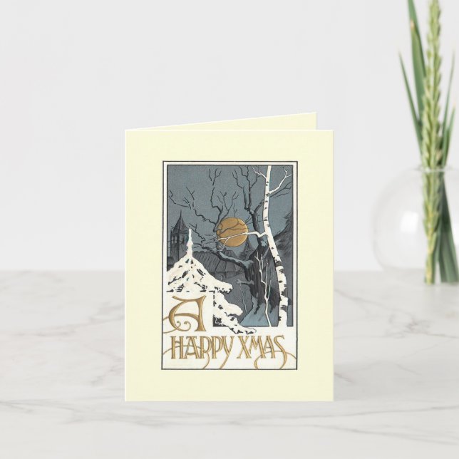 Cartão De Festividades Deco Snowy Scene Moon Birch Tree Greeting Card (Frente)