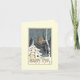 Cartão De Festividades Deco Snowy Scene Moon Birch Tree Greeting Card