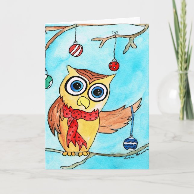 Cartão De Festividades Decorating Christmas Owl (Frente)