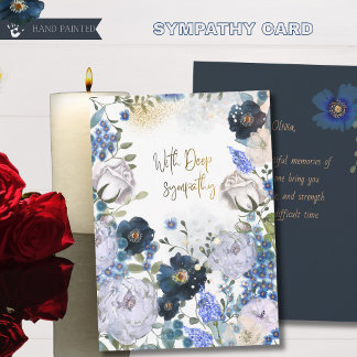 Cartão De Festividades Deep Navy and Gold Floral Watercolor Sympathy Card
