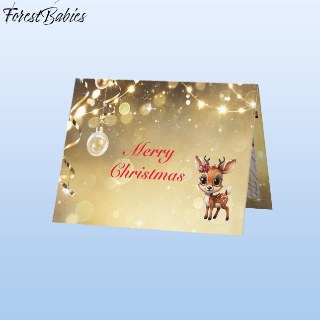 Cartão De Festividades Deer, Fawn, Doe, Reindeer Lover 🦌 Festivo Dourado (Floral Baby Deer, Fawn , Doe Lover, Reindeer Antlers,  Poinsettia, Festive Gold Holiday  Card 🦌🎄)