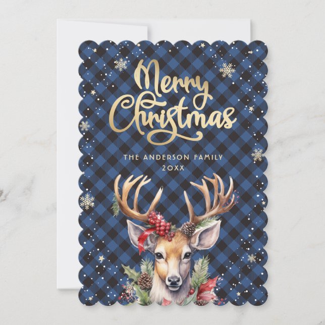 Cartão De Festividades Deer Holly Red Berries Snowflakes Christmas Card (Frente)