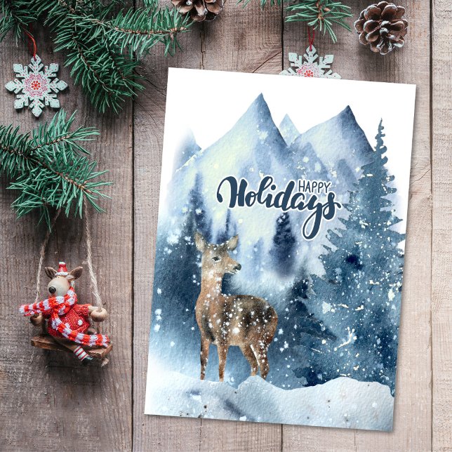 Cartão De Festividades Deer Snowy Winter Mountains Nature Christmas (Criador carregado)
