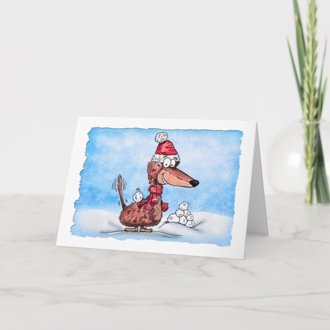 Cartão De Festividades Definir um Bom Mini Dachshund com Feriado de Snowb (Frente)