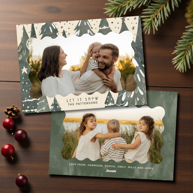 Cartão De Festividades Deixar Neve 2 Árvores De Natal Da Família Fotográf (Criador carregado)