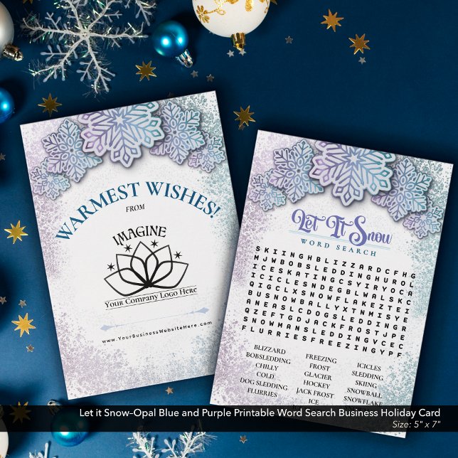 Cartão De Festividades Deixar que ele escolha neve imprimível Pesquisa do (Let it Snow–Opal Blue and Purple Printable Holiday Word Search–Business Promotional Piece.)