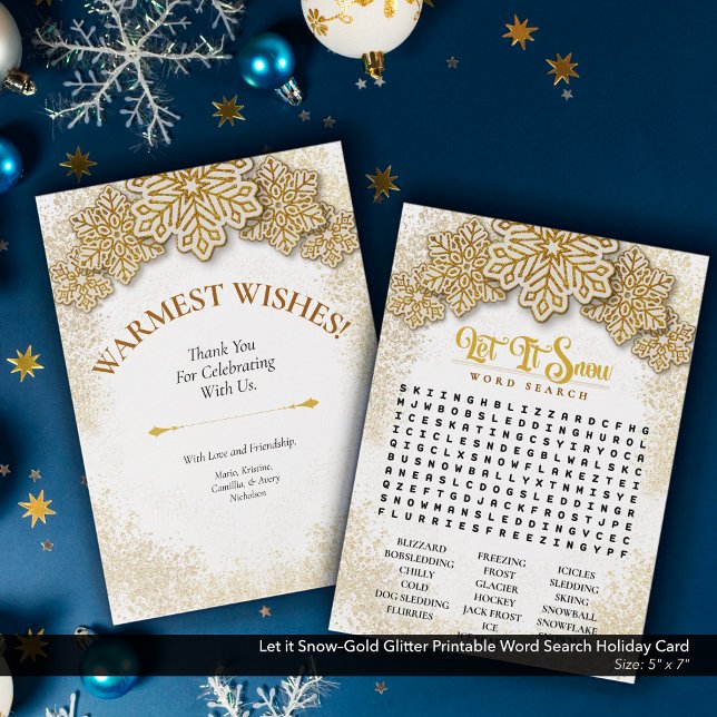 Cartão De Festividades Deixar que o Dourado da Neve seja Imprimível na Pe (Let it Snow–Gold Glitter Printable Word Search Holiday Card)