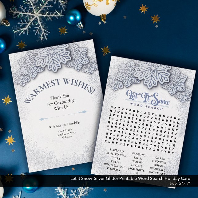 Cartão De Festividades Deixar que o Snow-Silver Glitter Imprimível Pesqui (Let it Snow–Silver Glitter Printable Word Search Holiday Card)