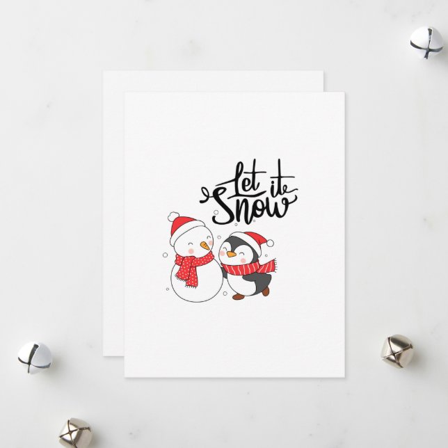 Cartão De Festividades Deixe Nevar com um Boneco de Neve e Pinguim em um  (Frente/Verso In Situ)