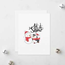 Cartão De Festividades Deixe Nevar com um Boneco de Neve e Pinguim em um 