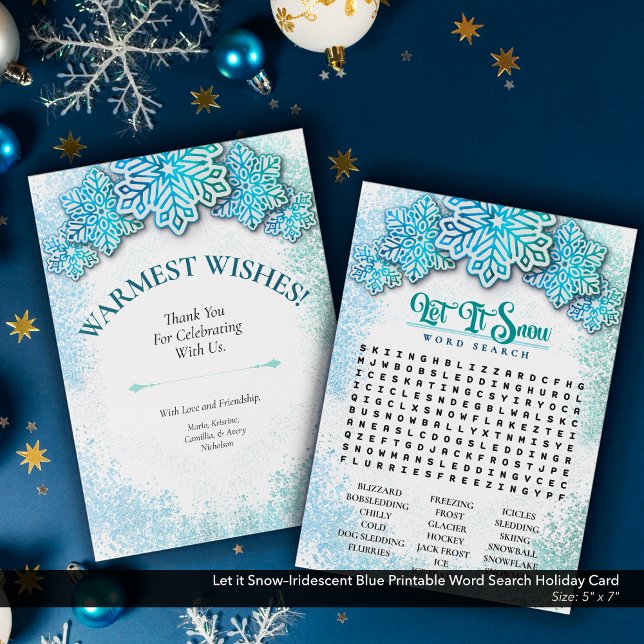Cartão De Festividades Deixe-o imprimível azul iridescente para neve em b (Let it Snow–Iridescent Blue Printable Word Search Holiday Card)