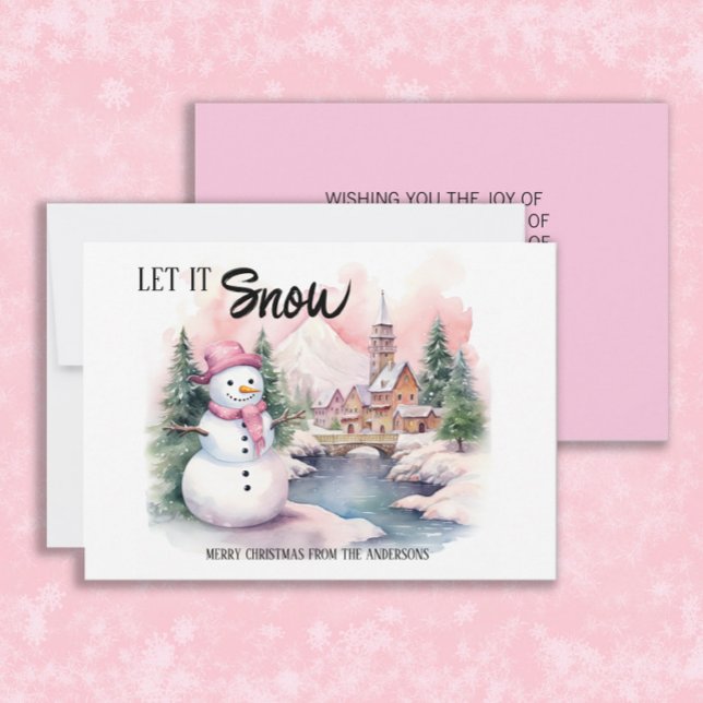 Cartão De Festividades Deixe-o nevar Feriado de Natal ("Let it snow" pink snowman Christmas/holiday greeting card personalized with your own text. )