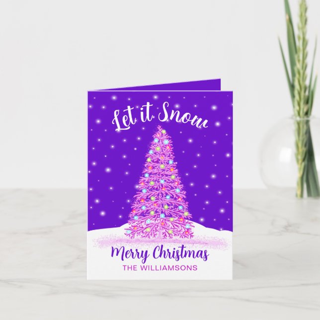 Cartão De Festividades Deixe-o nevar na árvore de natal roxa (Frente)
