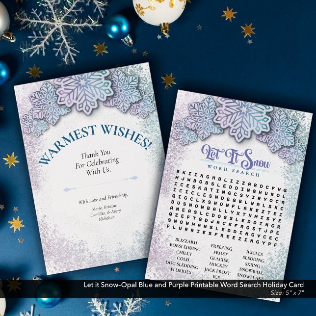 Cartão De Festividades Deixe-o Snow-Opal Azul Roxo Imprimível Pesquisa de (Let it Snow–Opal Blue and Purple Printable Word Search Holiday Card)