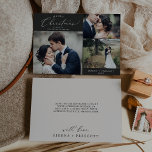 Cartão De Festividades Delicado Casamento De Natal Com Carvões Obrigado H<br><div class="desc">Este delicado obrigado de Natal de carvão, seu cartão de férias é o cartões de natal moderno perfeito para recém-casados. A design romântica minimalista apresenta uma magnífica e elegante tipografia num fundo de cinza escura com um aspecto simples e limpo. Personalize o cartão com 3 fotos, seus nomes e ano....</div>