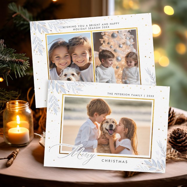 Cartão De Festividades Delicado Winter Greenere Dourado Kids Foto Natal (christmas card kids photo template winter greenery gold frame modern minimalist simple chic)