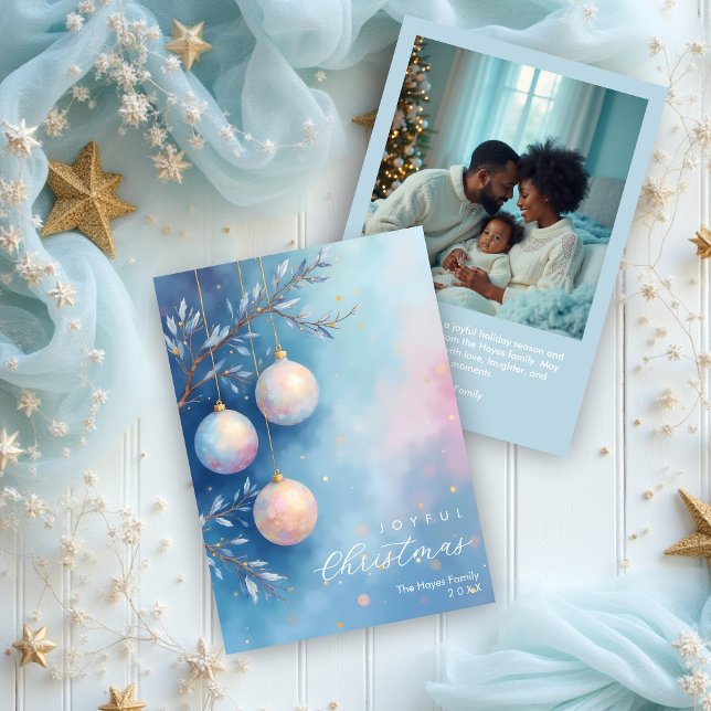 Cartão De Festividades Delicate Christmas Blue Shades Elegant Ornaments (Delicate Christmas Blue Shades Elegant Ornaments with Back Photo Holiday Cards.)