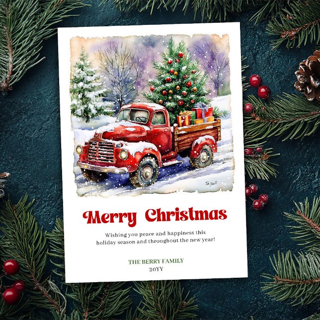 Cartão De Festividades Delightful Rustic Red Truck Winter Scene Holiday  (Delightful Rustic Red Truck Winter Scene Holiday Card)
