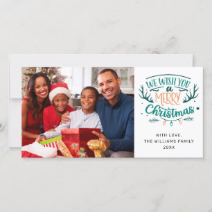 Cartão De Festividades Desejamos-lhe uma Feliz Foto da Família Teal de N