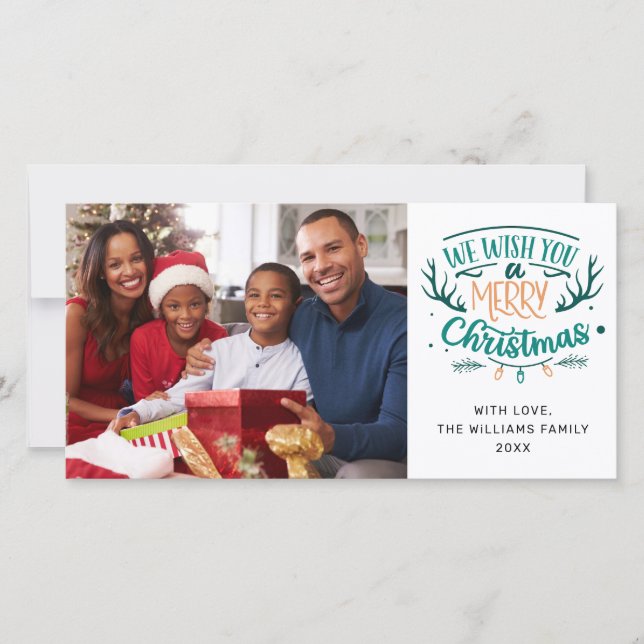 Cartão De Festividades Desejamos-lhe uma Feliz Foto da Família Teal de Na (Frente)