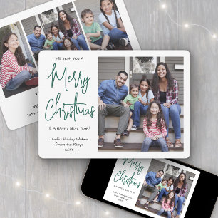 Cartão De Festividades Desejamos um Feliz Natal Green Script 4 Fotos
