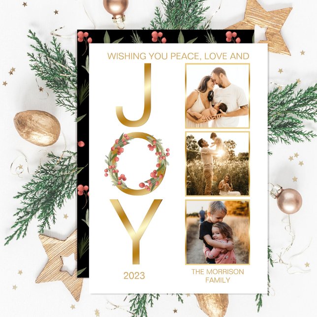 Cartão De Festividades Desejando-lhe paz amor e alegria 3 Foto Natal (Faux gold foil "Wishing You Peace, Love and JOY" Christmas Holiday Three-Photo Card--downloadable)