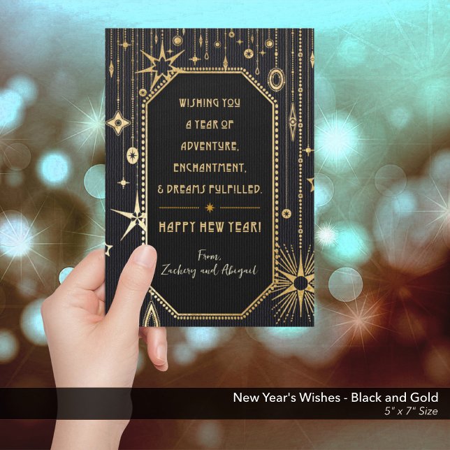 Cartão De Festividades Desejos de Ano Novo Foto Dourada Preta (New Year's Wishes Black and Gold Holiday Card)